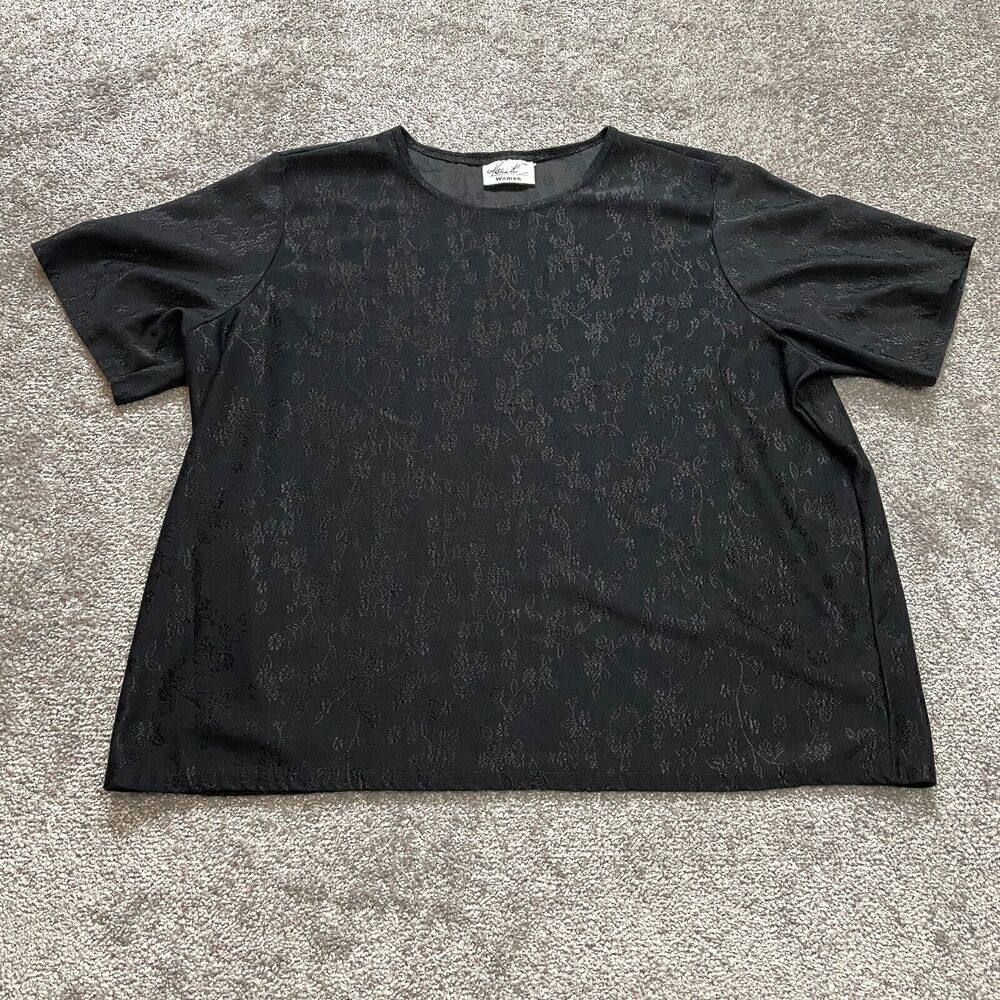Kathie Lee Blouse Shirt Top Womens 18W / 20W Black Short Sleeve Floral Vintage